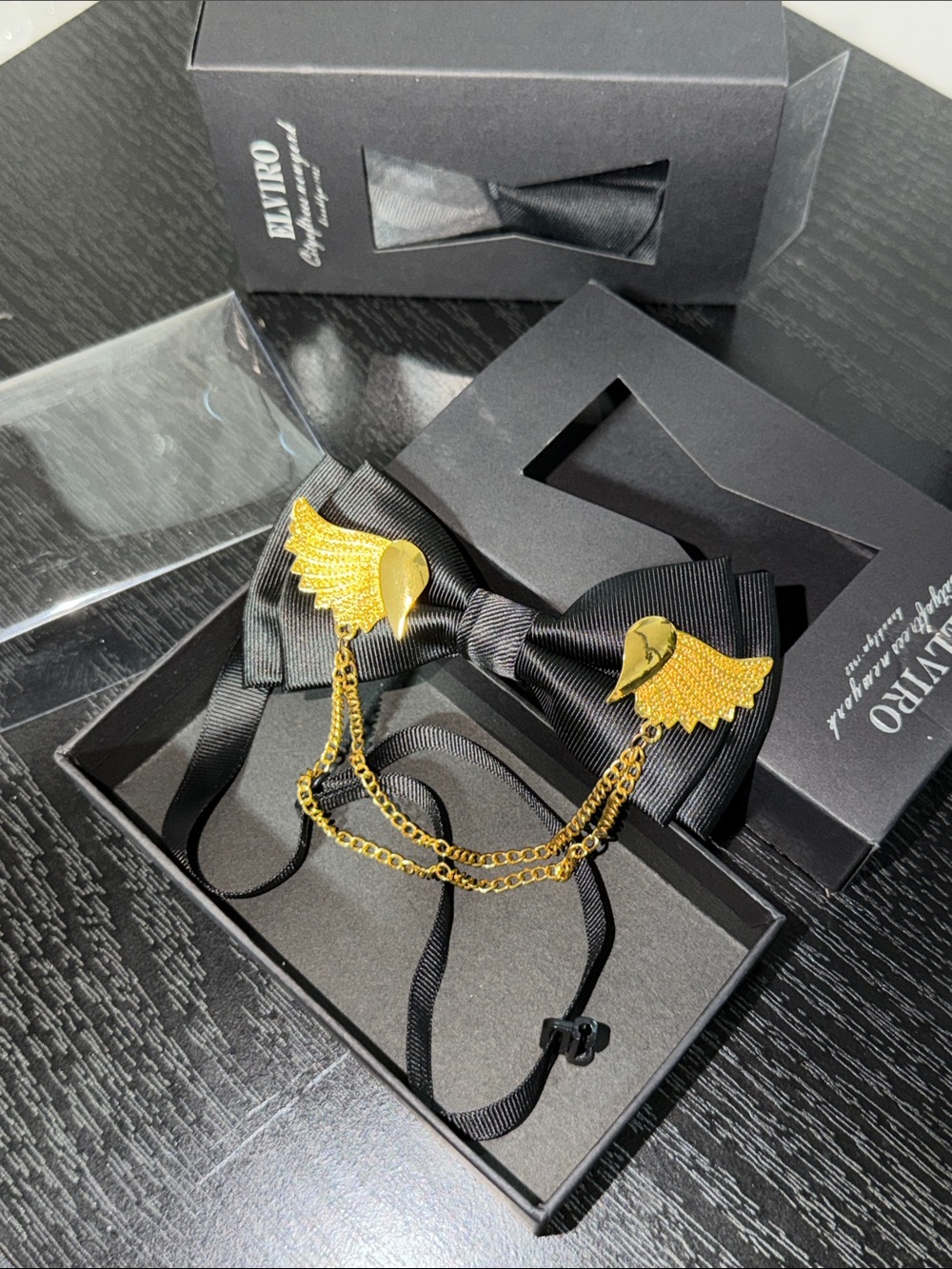 Kenro Black Bow Tie with Gold Wing Chain Accent